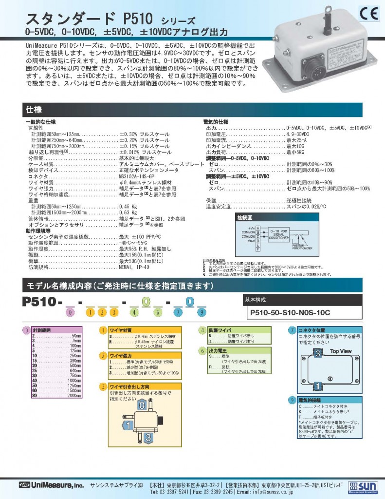 Unimeasure社製ワイヤ式位置センサ　スタンダードP510シリーズ