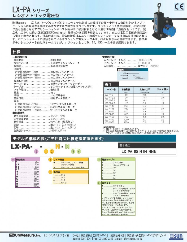 Unimeasure社製ワイヤ式位置センサ　LX-PAシリーズ