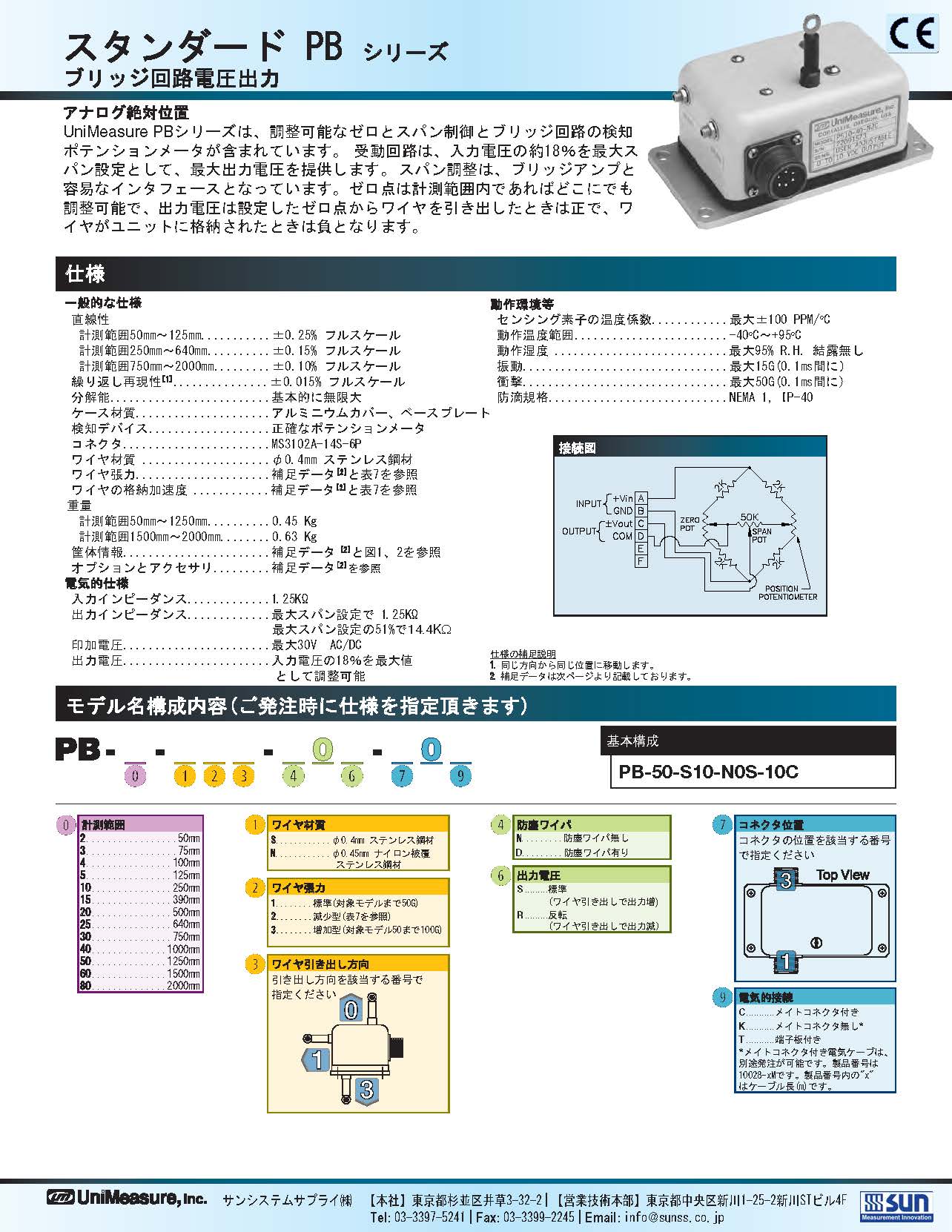 Unimeasure社製ワイヤ式位置センサ　スタンダードPBシリーズ